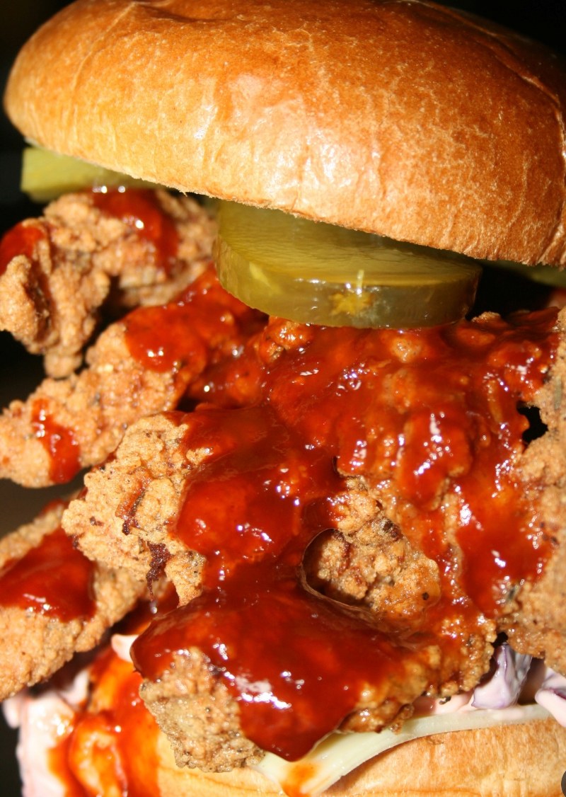 Mini stack sliders with crispy tenders, slaw & cheese